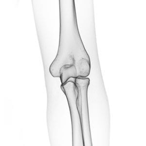 Överarm som möter de två underarmsbenen